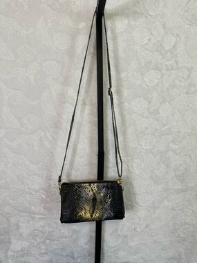Black Crossbody Bag with Gold Snake-Print Accent